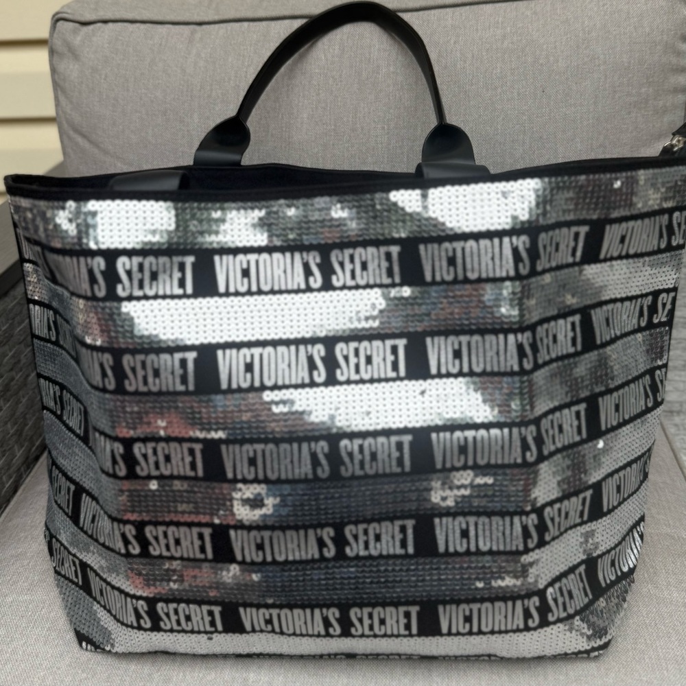 Victoria’s Secret Large Sequin Tote Bag Silver Black Stripes 23x14x6” NWOT - Picture 7 of 11